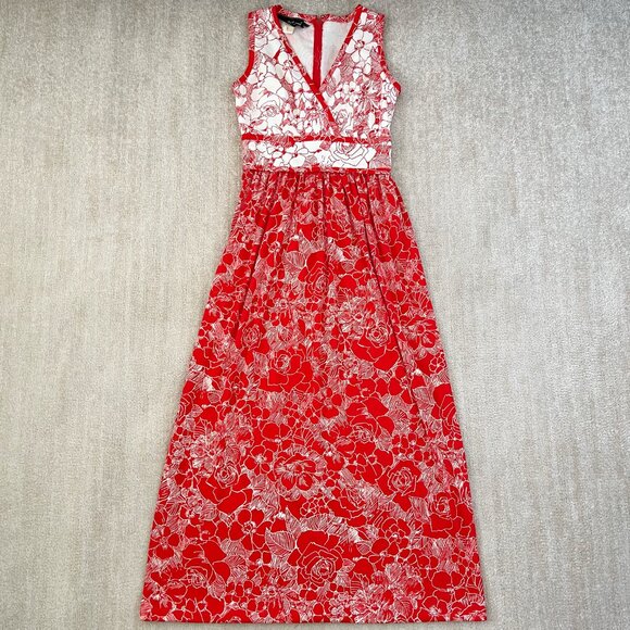 Vintage 1970s Shady Lane Red White Floral Maxi Dress 11-12 - Picture 1 of 10